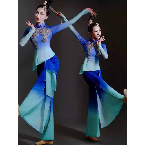 Women Girls Blue gradient Chinese folk dance dresses Jiaozhou Yangge solo song dance performance costume two-piece Chinese umbrella fan dance suit for female